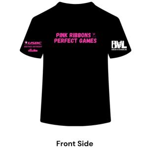 Front of the black Pink Ribbons & Perfect Games shirt, with the Metro Detroit USBC logo on one sleeve and the BVL logo on the other